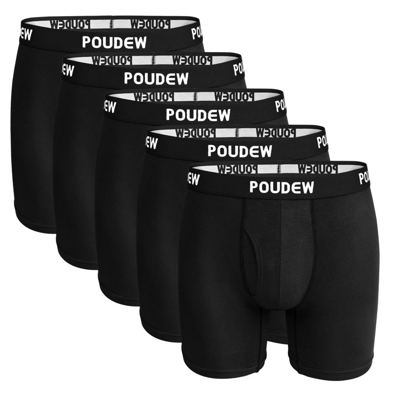 POUDEW Men's Breathable Viscose Moisture Wicking No Roll Waistband Tagless Underwear Boxer Briefs, Pack of 5 (Medium, Black/Black/Black/Black/Black) - Image 1